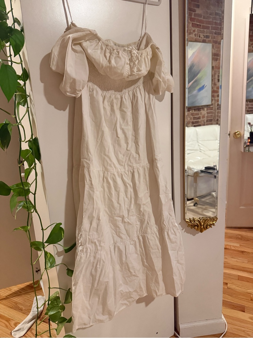 Faithfull the Brand Cream Off-Shoulder Tiered Midi Dress